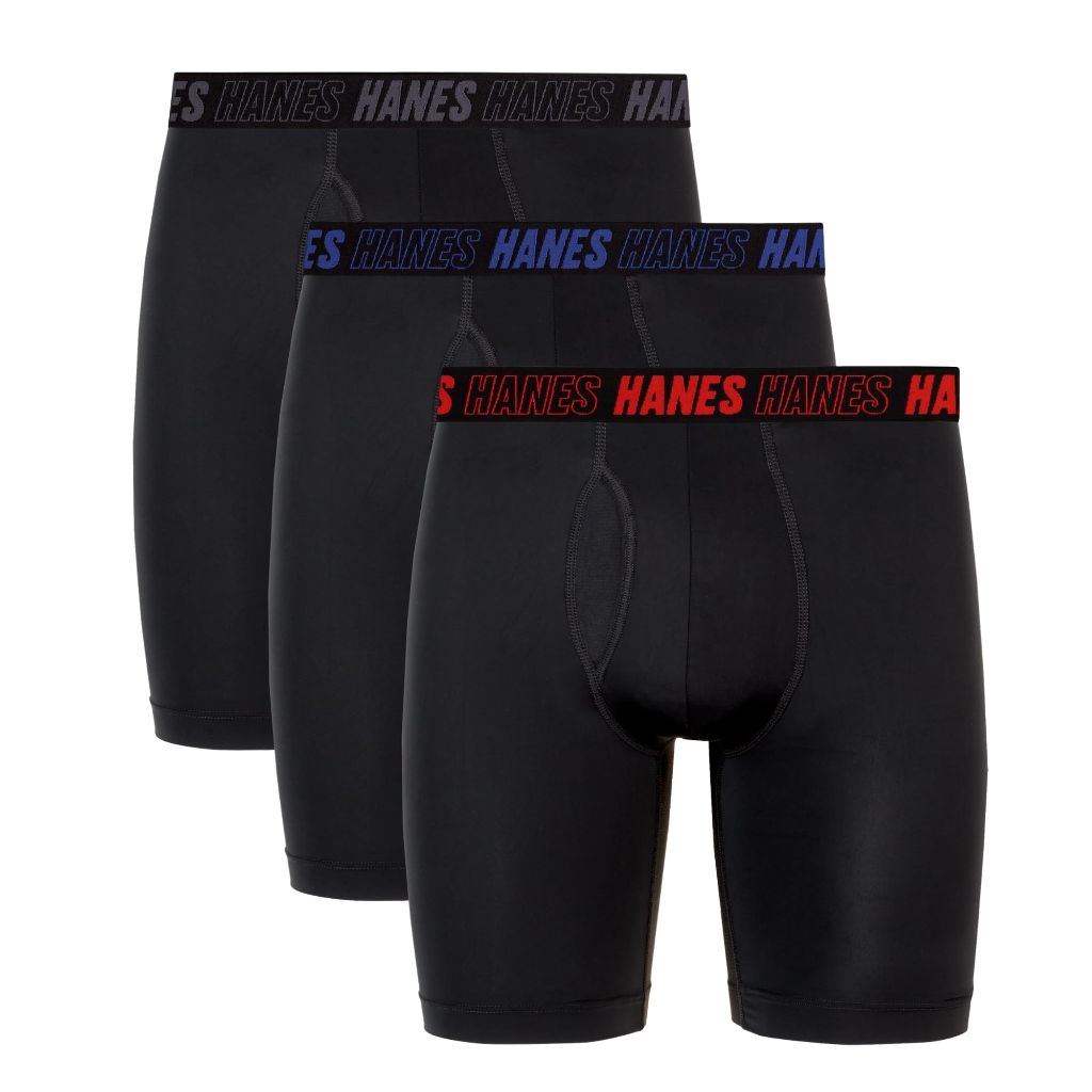 SZ L 8" Hanes Men's Moves Performance Boxer Brief, Total Support Pouch, Regular/Trunk/Long Leg, 3-Pack