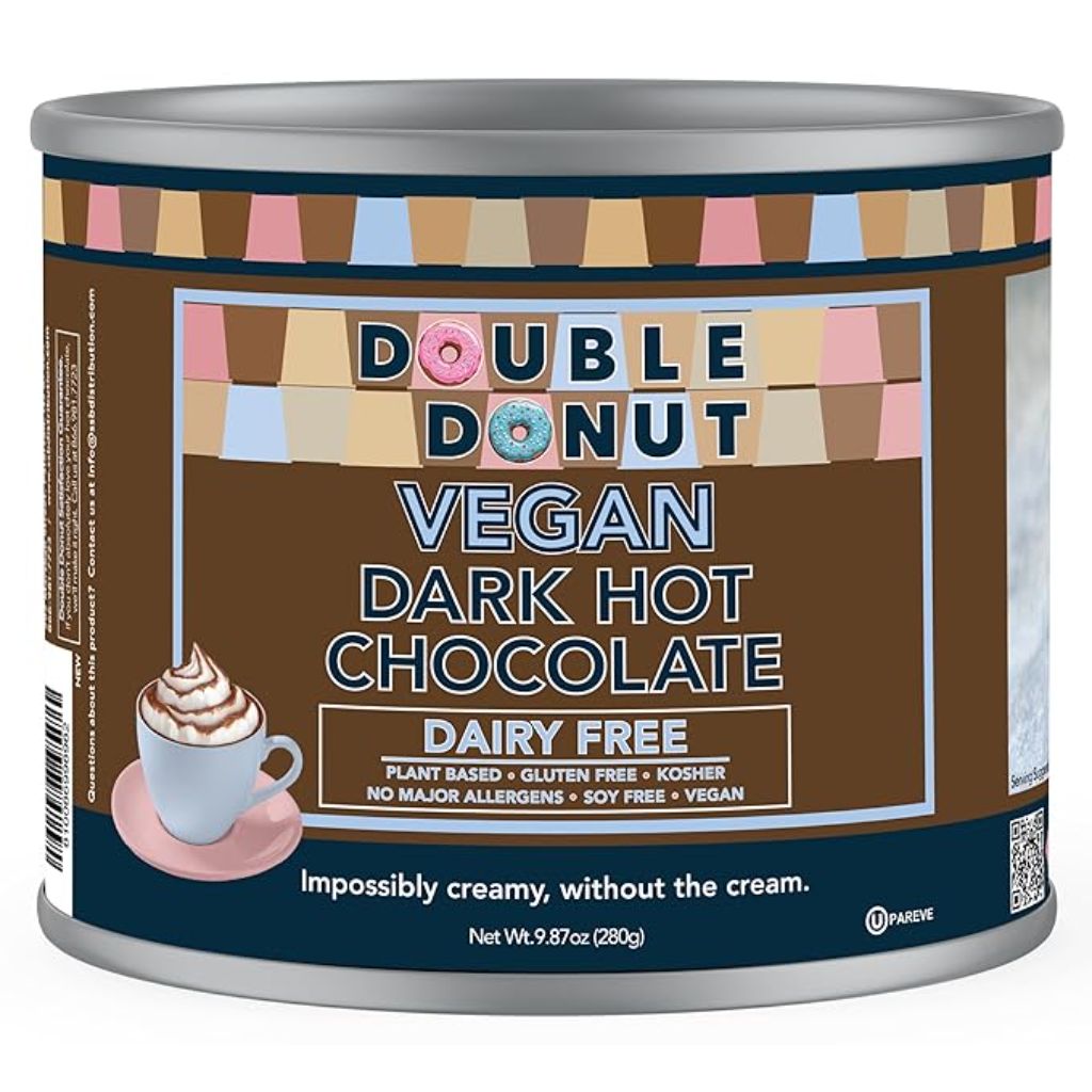 Double Donut Coffee Dark Vegan Hot Chocolate, Rich Dark Chocolate Hot Cocoa, Gluten Free, Dairy Free Hot Chocolate Mix for Velvety Smooth Vegan Hot Cocoa Mix, 12 Ounce Canister