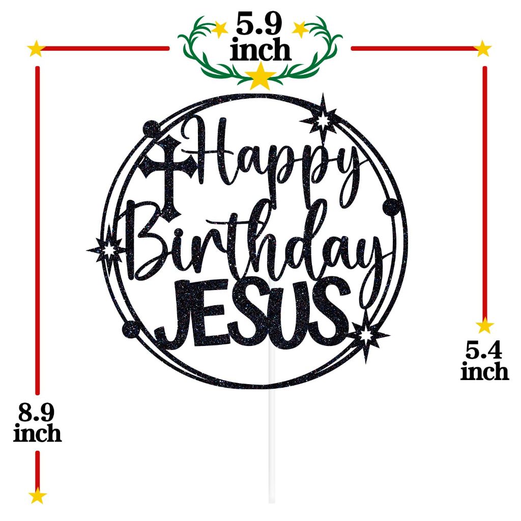 Black Glitter "Happy Birthday Jesus" Cake Topper (6" Diameter)