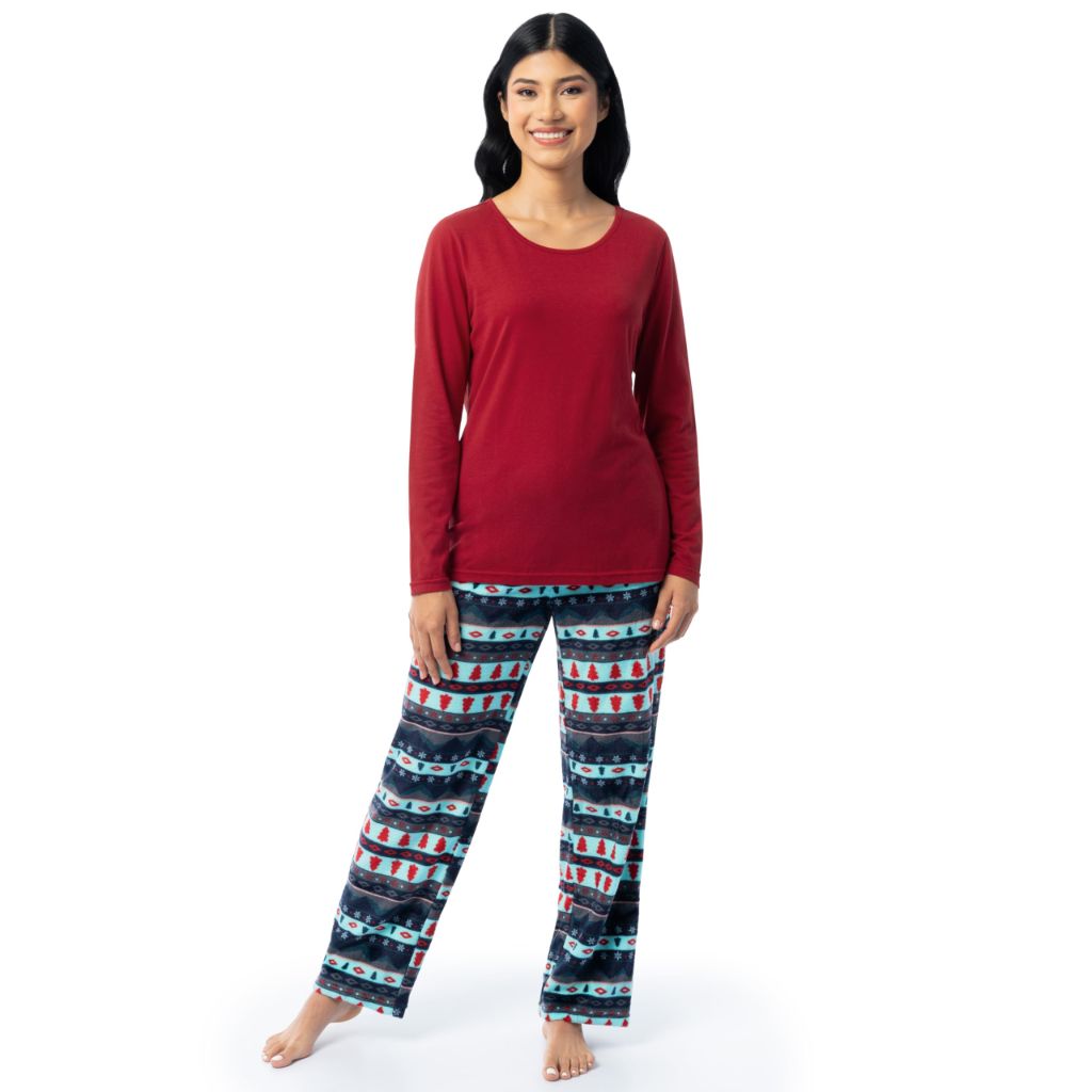 Fruit of the Loom Women's Sueded Jersey Crew Top and Fleece Pant Sleep Set, Red/Winter Fairisle, X-Large