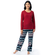 Fruit of the Loom Women's Sueded Jersey Crew Top and Fleece Pant Sleep Set, Red/Winter Fairisle, X-Large