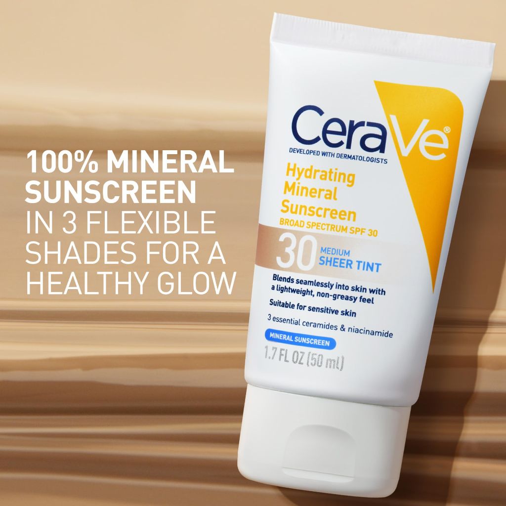 CeraVe Hydrating Mineral Sunscreen SPF 30 with Sheer Tint, Light, 1.7 Oz