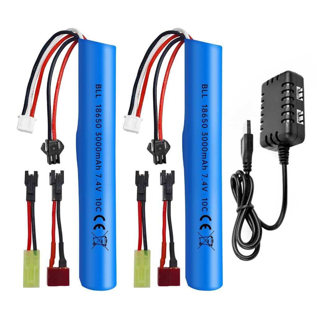Sea jump 2PCS 7.4V 10C 3000mAh with SM-2P Plug and 2in1 Charger Suitable for MP5K M4 M110 SRB1200 SRB400 SRB400 SUB Air Gun Gel Water Droplet Explosion Gun Remote Control Car Battery