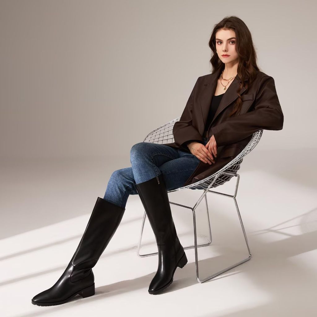 ISNOM Knee High Boots Women Tall Black Boots for Women Square Toe Chunky Block Heel  (6.5)