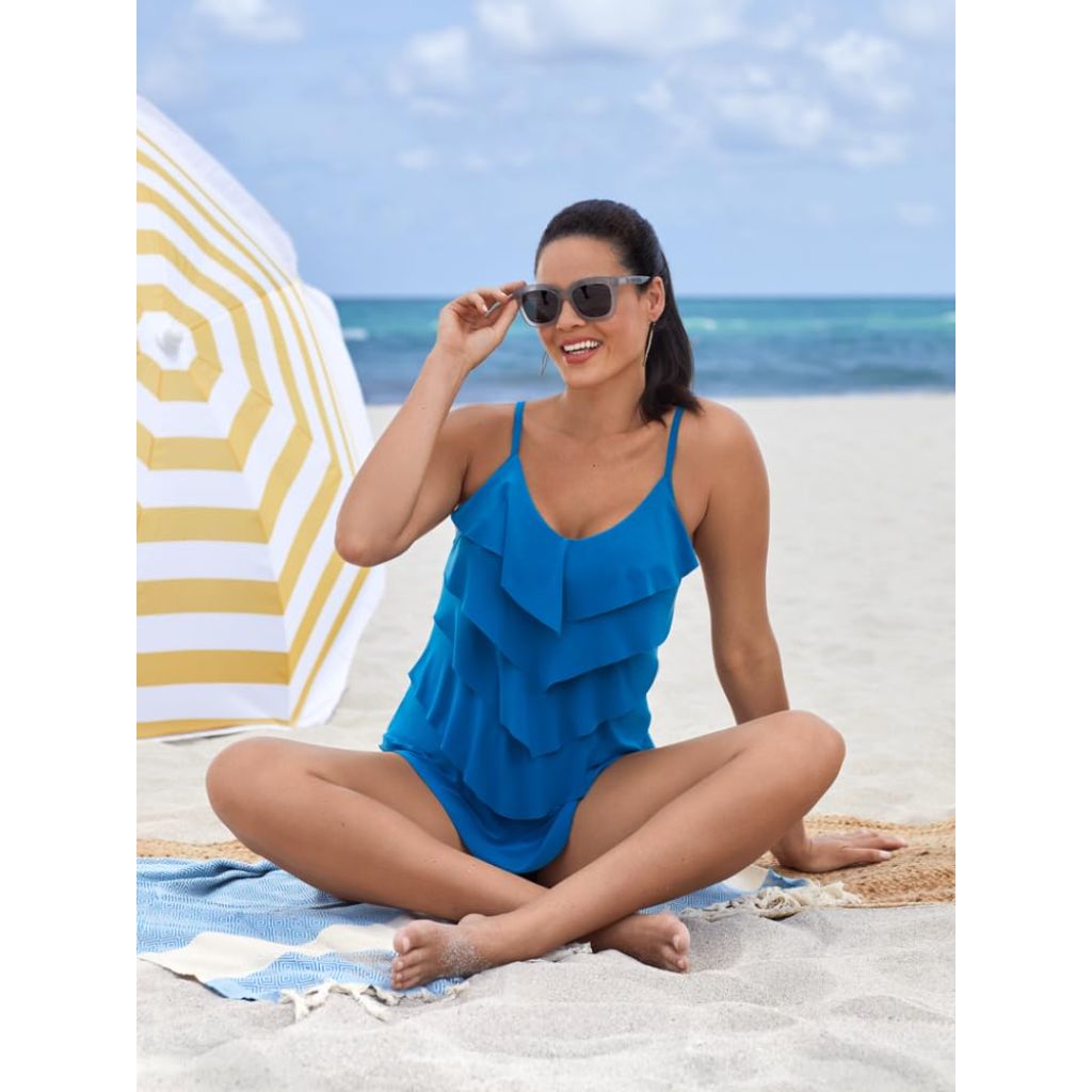 Trimshaper Womens Five Tiered Adjustable Rachel Swim Tankini Top with Molded Cups and Bra Support, Peacock, 24W