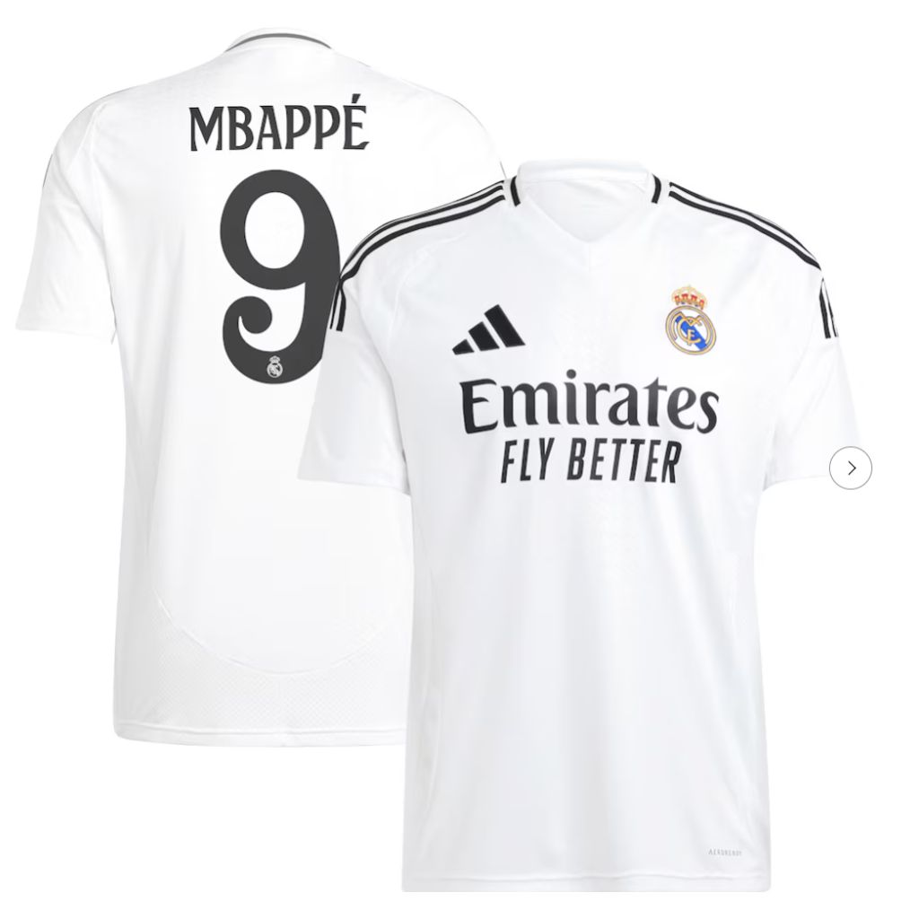 adidas Mbappe #9 Real Madrid 2024/25 Home Jersey, White, Size Large