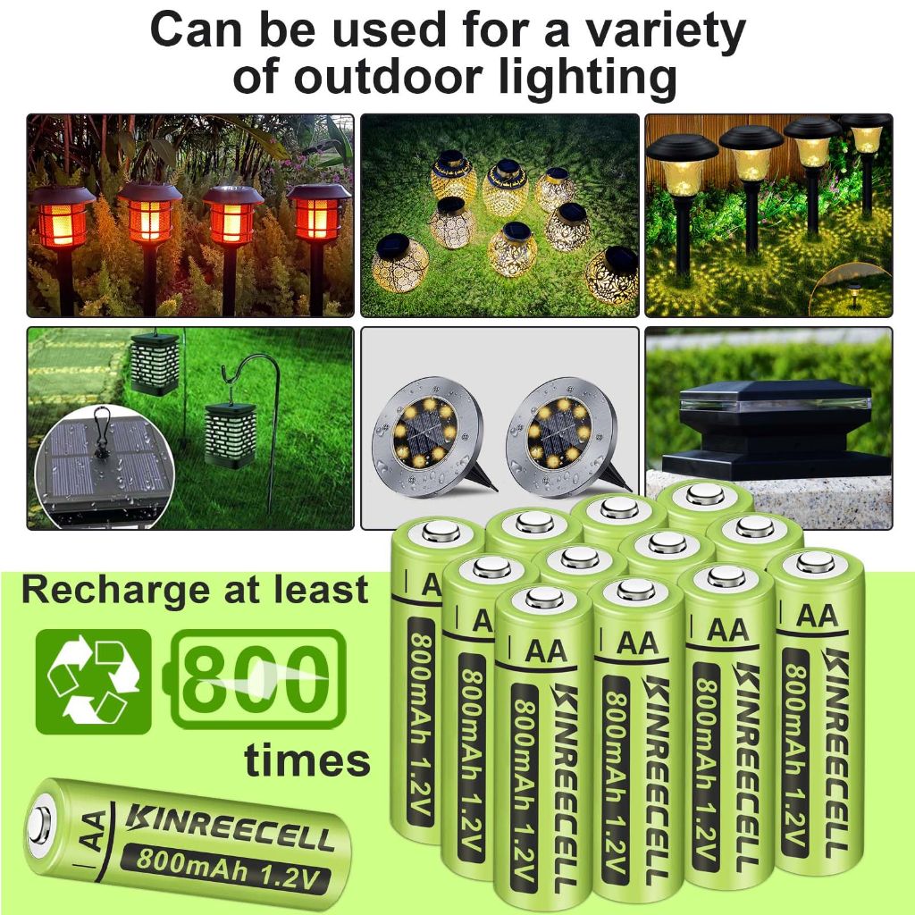 KINREECELL Rechargeable AA Batteries, Ni-MH Double A Solar Batteries High Capacity (AA-800mAh-12pack)