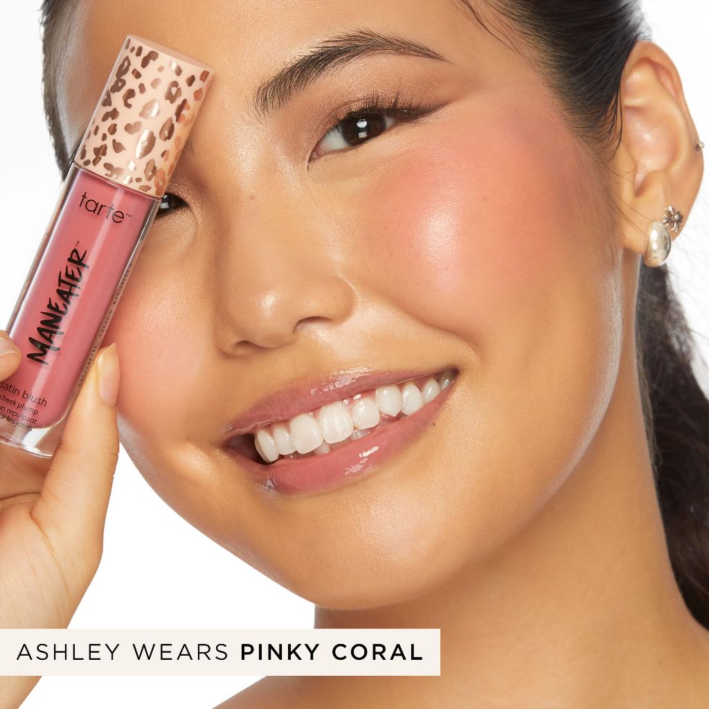 Tarte maneater satin blush cheek plump – Lightweight Liquid Blush Infused with Coconut Water, Hyaluronic Acid & Vitamin E for a Hydrated Cheek Tint, Vegan & Cruelty-Free, full size, pink coral