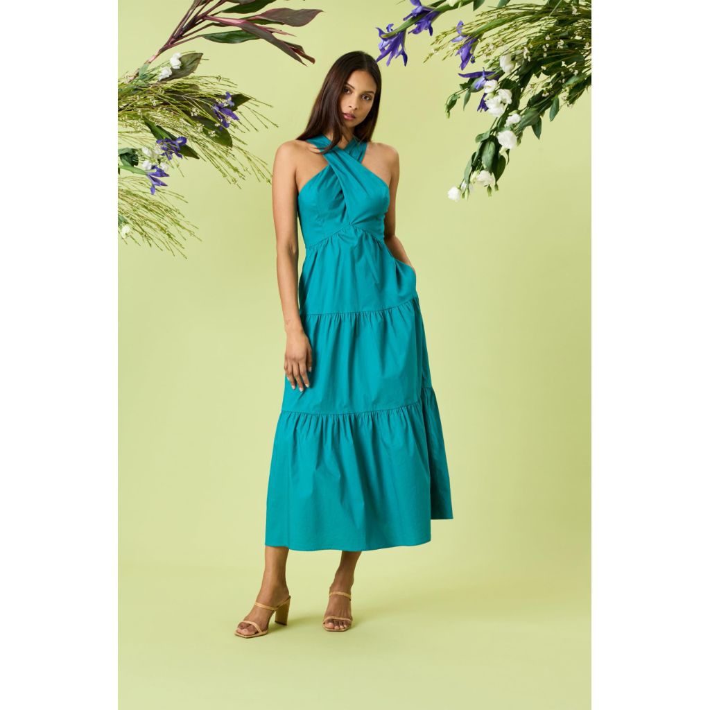 Donna Morgan Women's Halter Neck Tiered Midi Summer Empire Waist Maxi Dress, Blue Grass - 8