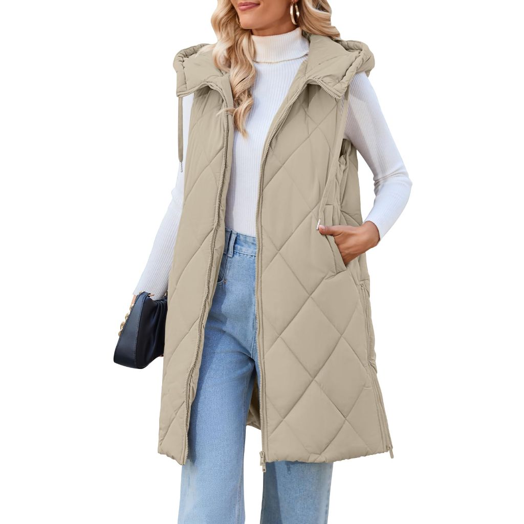 SZ XL, MEROKEETY Womens Winter Mid Long Zipper Puffer Vest Hooded Sleeveless Lightweight Jacket Coats, Khaki