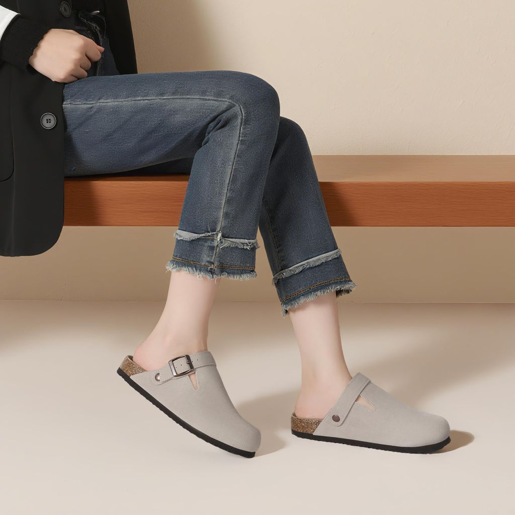Gvimenos Women's Suede Clogs Adjustable Buckle Leather Mules Potato Shoes with Comfort Footbed, Stone 5