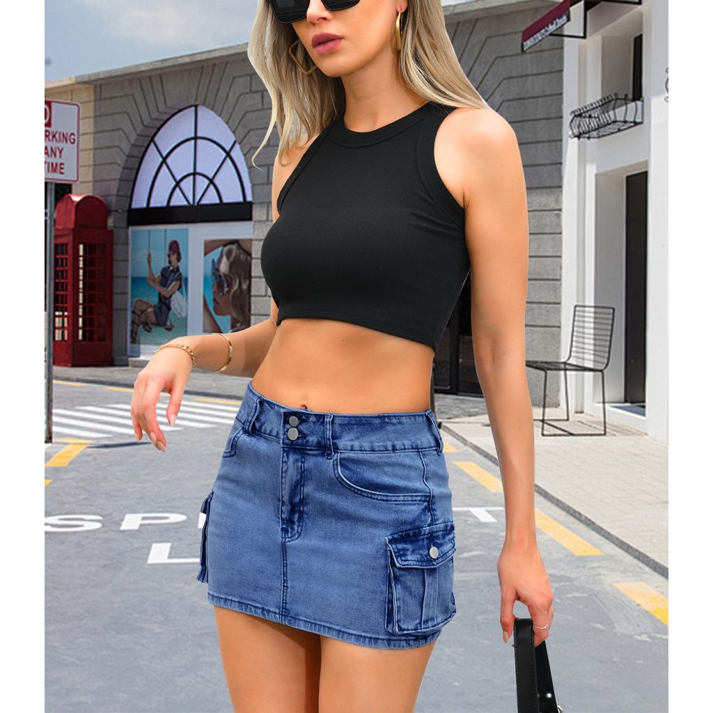Womens Cargo Skirt Y2k Low Waist Button Bodycon Mini Skirt with Flap Pockets - size L