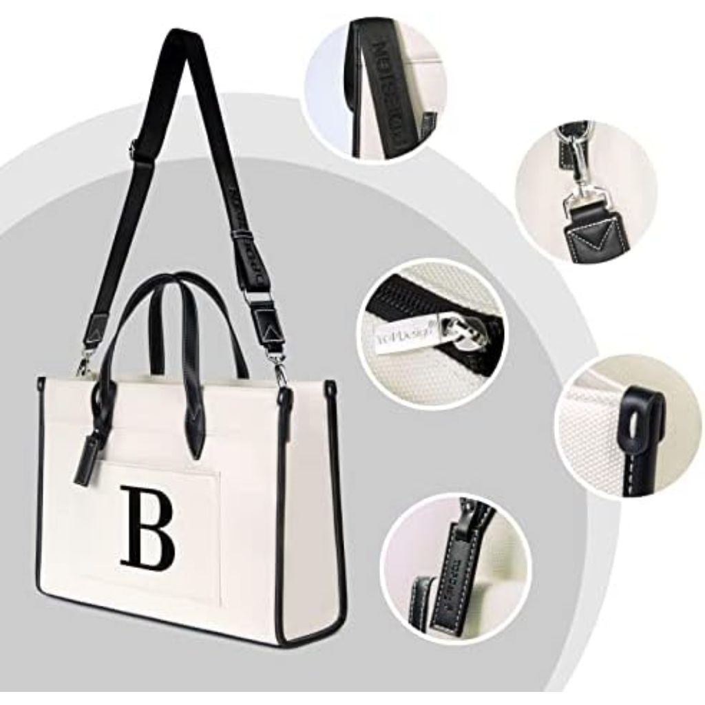 TOPDesign Initial 15.6" Laptop Tote Bag for Women, Personalized Canvas Work Purse, Business Briefcase & Office Handbag