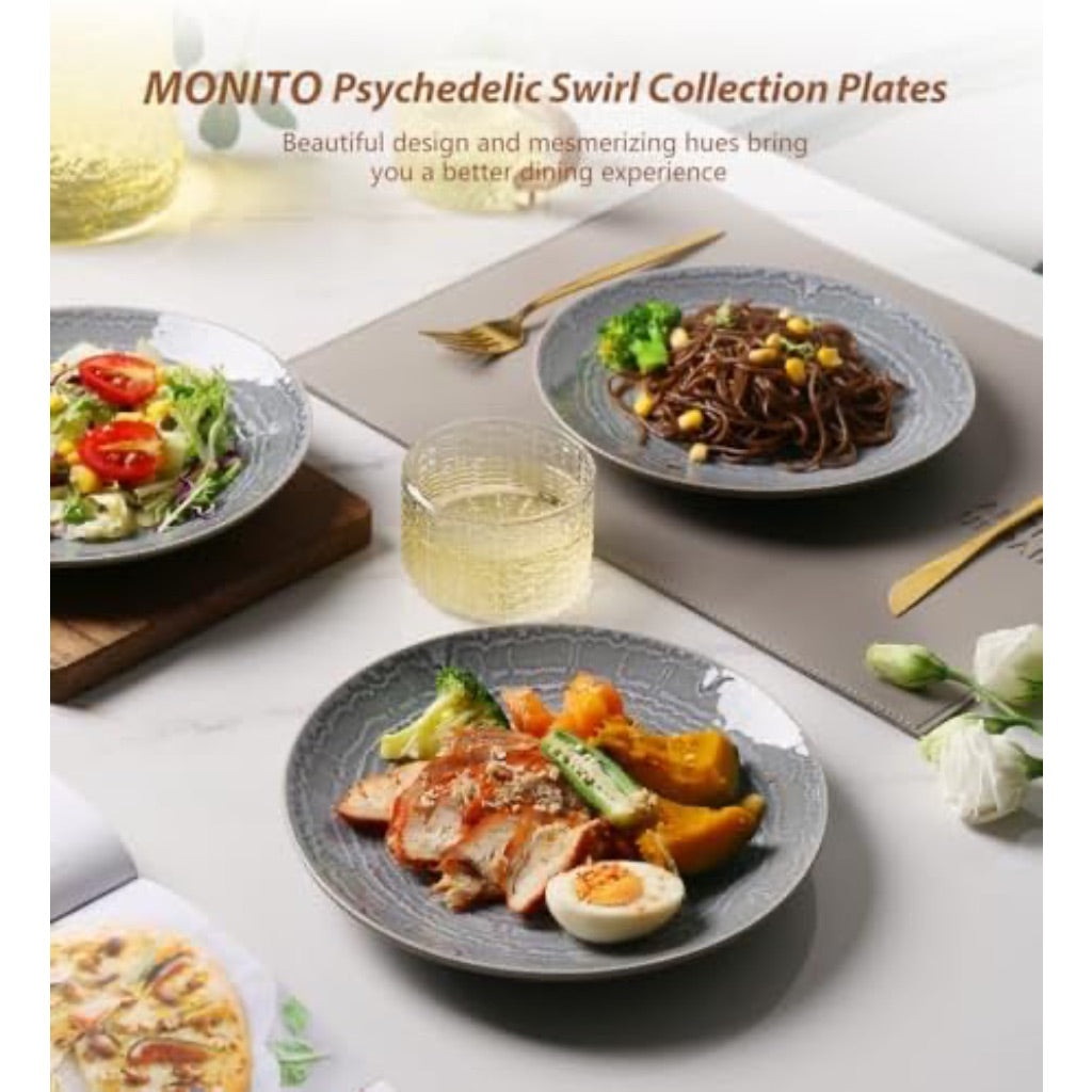 MONITO 6 Piece Ceramic Dinner Plates, 8.5" Reactive Glaze Porcelain, Microwave/Dishwasher Safe - Psychedelic Gray
