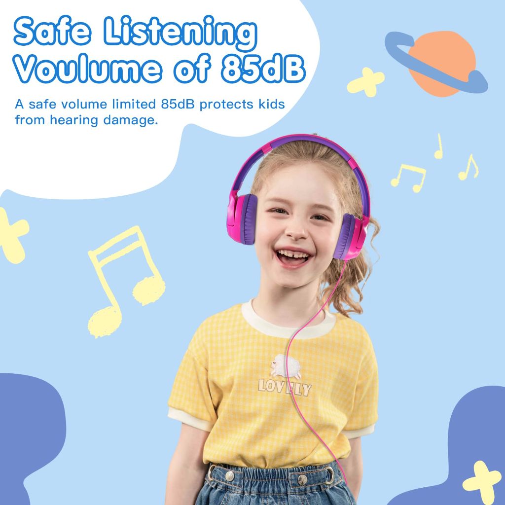 ZIHNIC Wired Kids Headphones, Safe 85dB Volume Limit for Boys & Girls, Comfortable Earpads, Foldable Design for School, Tablets, and Travel-Rose RED