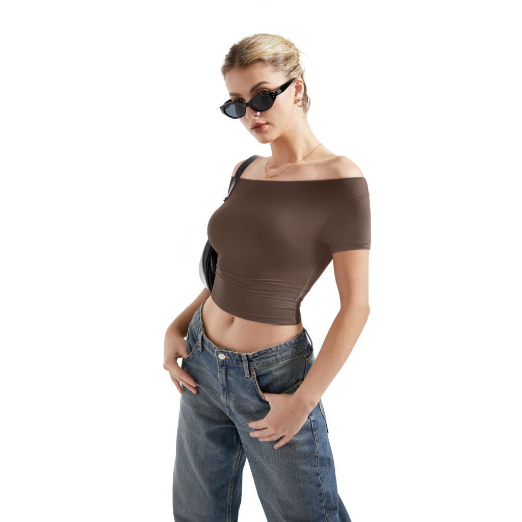SUUKSESS Women Off The Shoulder Short Sleeve Tops Trendy Cowl Neck Going Out Basic T Shirt (Brown,S)