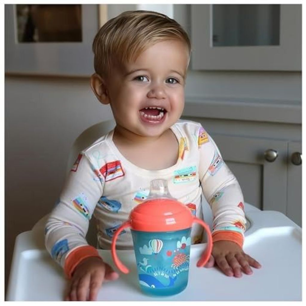 Nuby No-Spill Two Handle Spout Cup with Hygienic Cover | 2 Pack:  Aqua Ocean & Pink Animals | 8oz/ 4months+