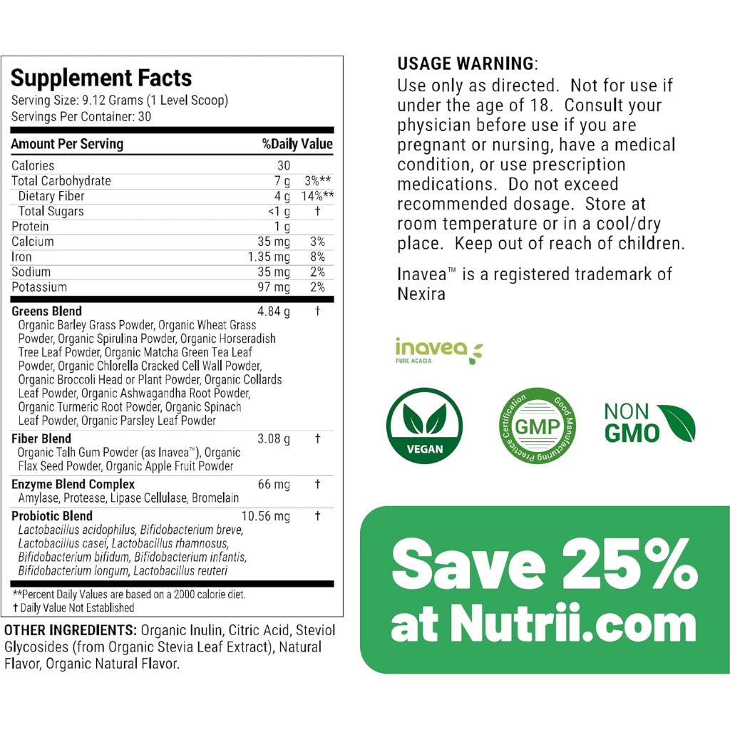 Nutrii Premium Super Greens + Digestion Immunity Support Powder, munity Superfood Powder, Lemon Mint, 30 Servings