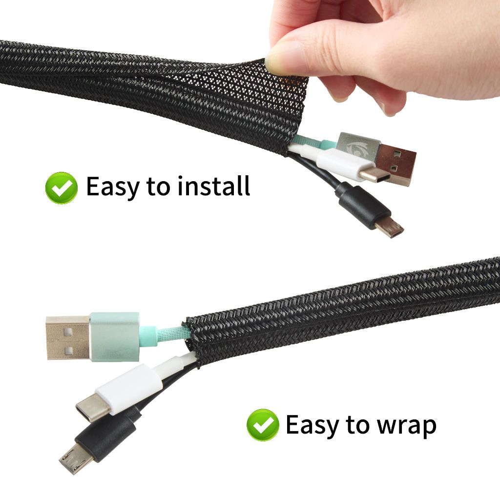 QCSIW Split Wire Loom 2pcs 3/4 Inch 5ft, Braided Cable Sleeve for Cable Management, Cord Protector for Pets, TV, Desk & Automotive, Black