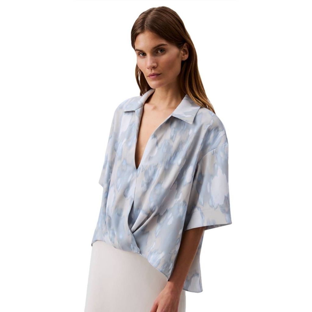 Womens Calvin Klein Short Sleeve Cloudburst Faux Wrap Blouse