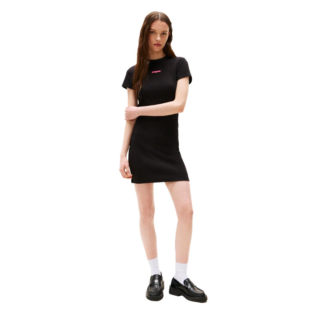 Tommy Jeans Women's Short Sleeve Ribbed Mini Dress with Logo Detail, Black