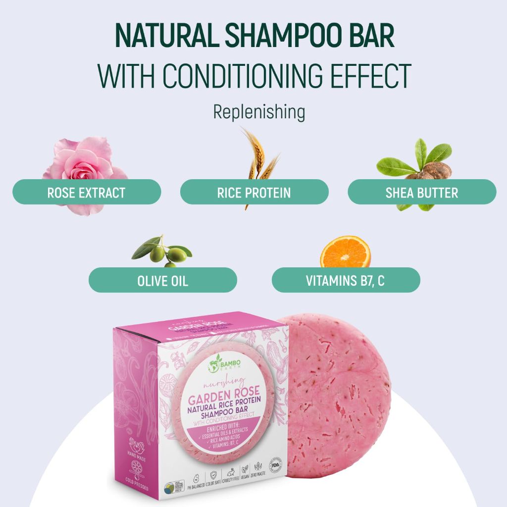 BAMBOEARTH Solid Rice Protein Shampoo Bar Soap With Conditioner (Rose)