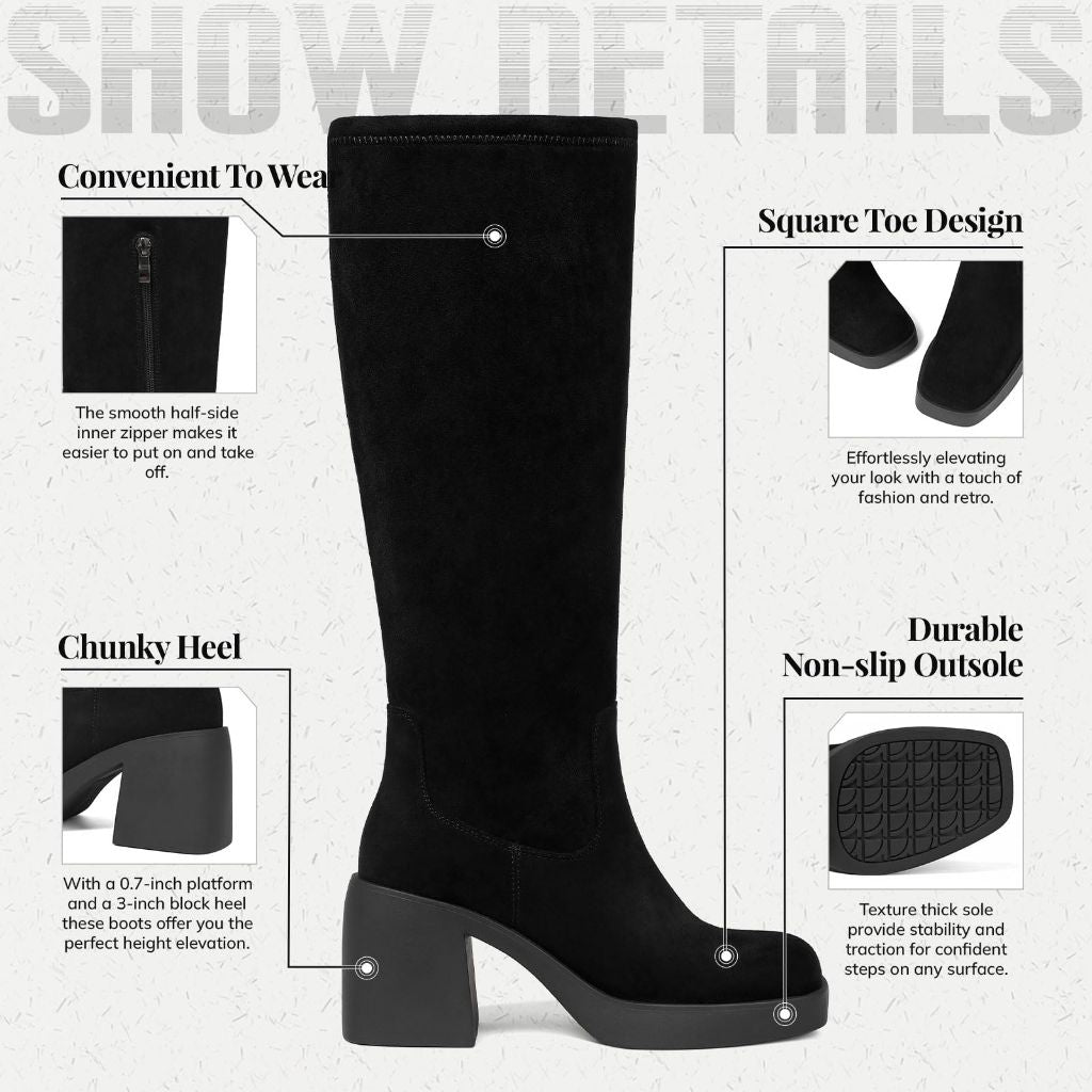 SZ 7.5, Tscoyuki Black Boots Knee High: Suede Fall Boots, Size 7.5