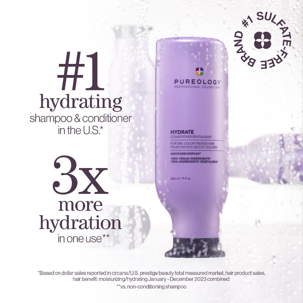 Pureology Hydrate Conditioner - For Dry or Color Treated Hair, Vegan, 9 Fl Oz