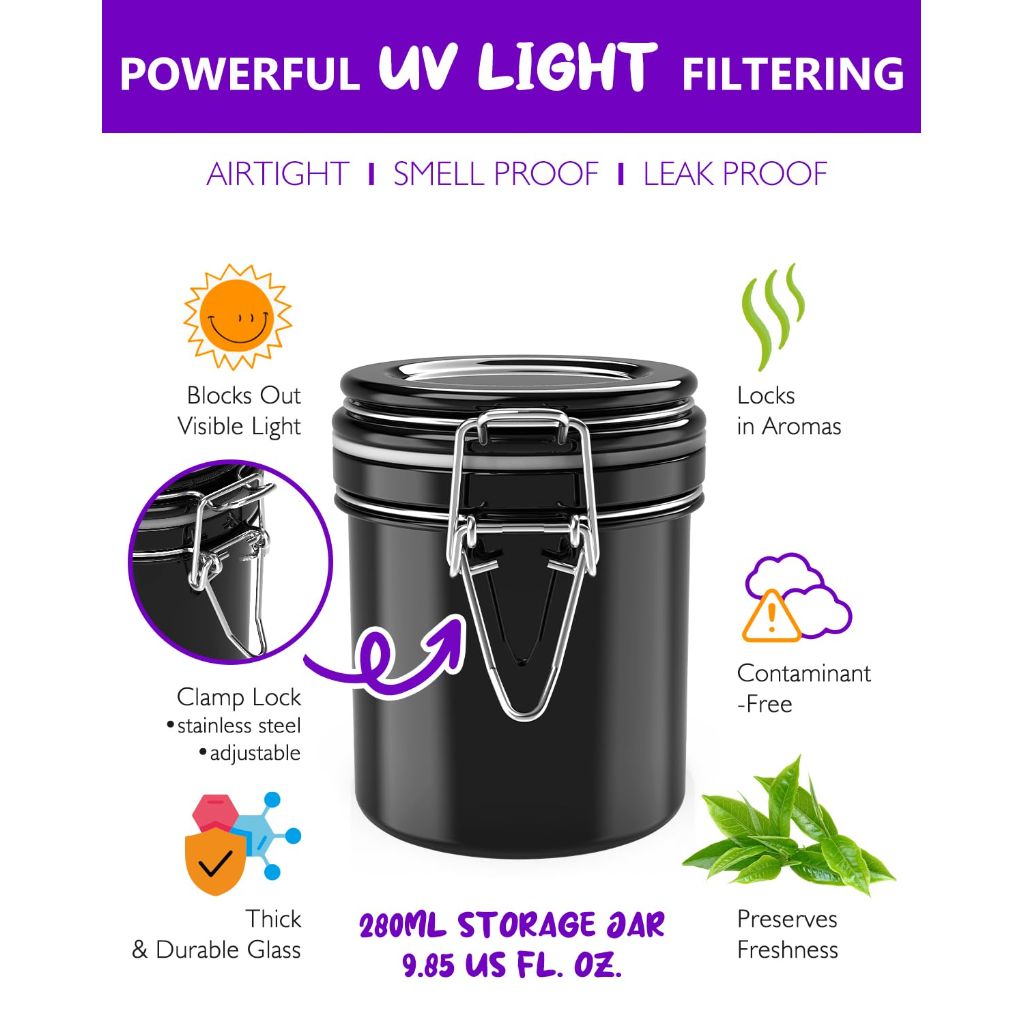 SafeDelux Smell Proof Jar with UV Protection, Airtight Glass Container, Double Sealed Smell Proof Container for Herbs, Teas, Coffee, Spices, Travel, Home, Kitchen, Fresh Storage Solution