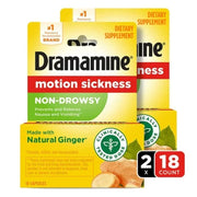 Dramamine Non-Drowsy Motion Sickness Relief with Natural Ginger, 18 Count (2 Pack)