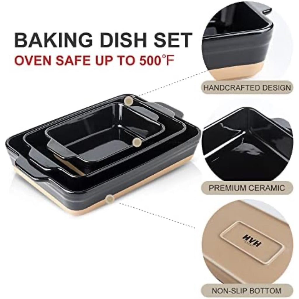 HVH 3 Piece Ceramic Baking Dish Set, 13x9, 11x7, 8x6 - Classic Farmhouse Style, Black