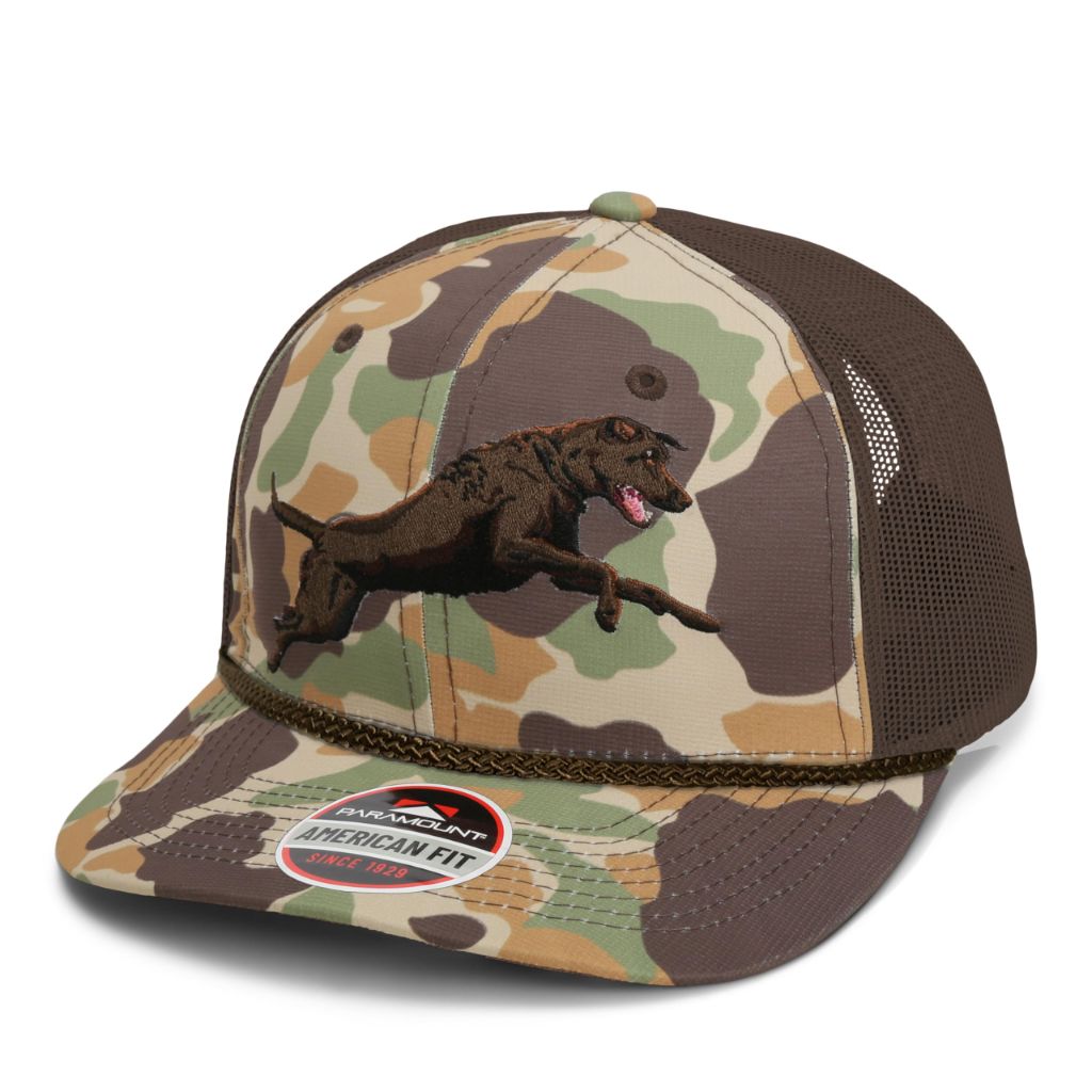 Paramount Jumping Labrador Retriever on Old School Camo with Elastic ComfortSnap Snapback and Meshback