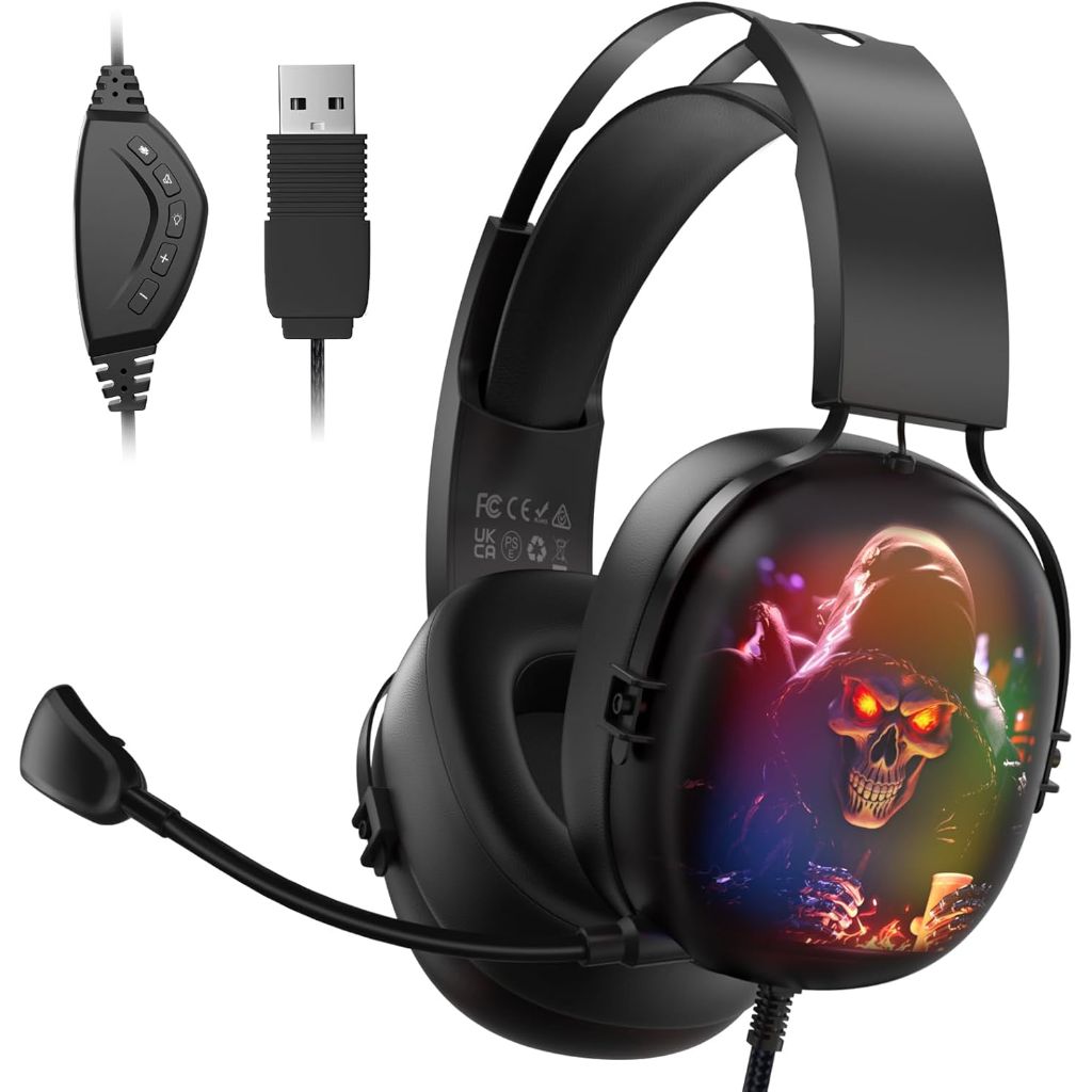 Gvyugke CM7001 Gaming Headset with 7.1 Surround Sound USB Headset with Microphone Cable, RGB Light for PS5 Console