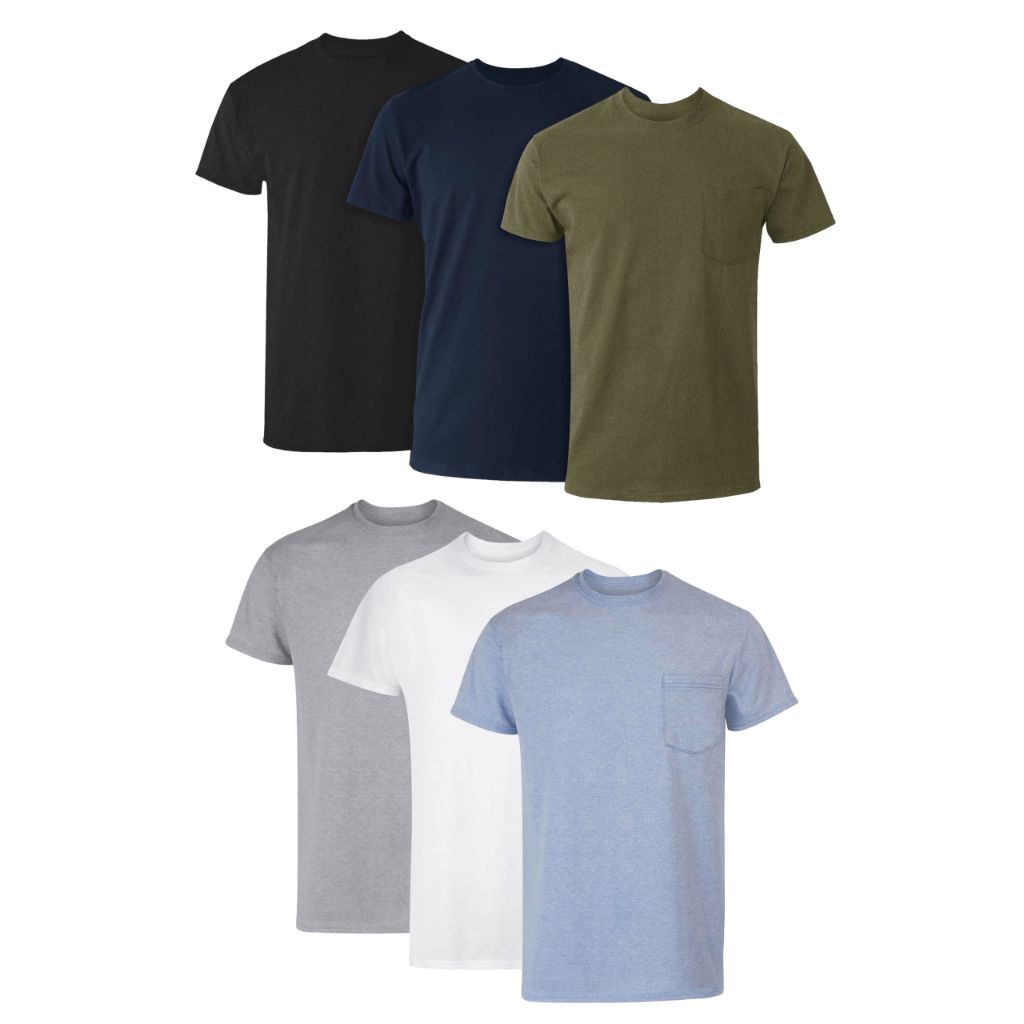 SZ 3XL,Hanes Men's Cotton Pocket T-Shirt, Moisture-Wicking with Odor Control, Assorted, 6-Pack
