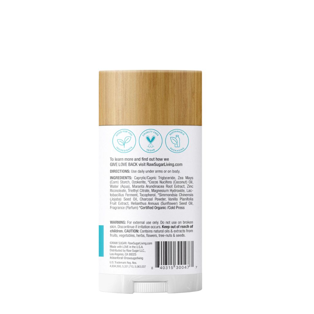 RAW SUGAR Deodorant Stick, Simply Deo Vanilla Bean + Charcoal Scent