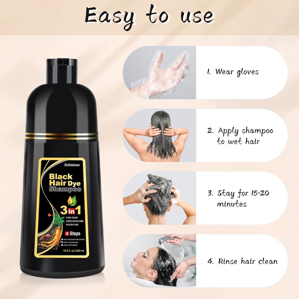 Bablabear Black Hair Dye Shampoo for Gray Hair, Grey Coverage | 500ml