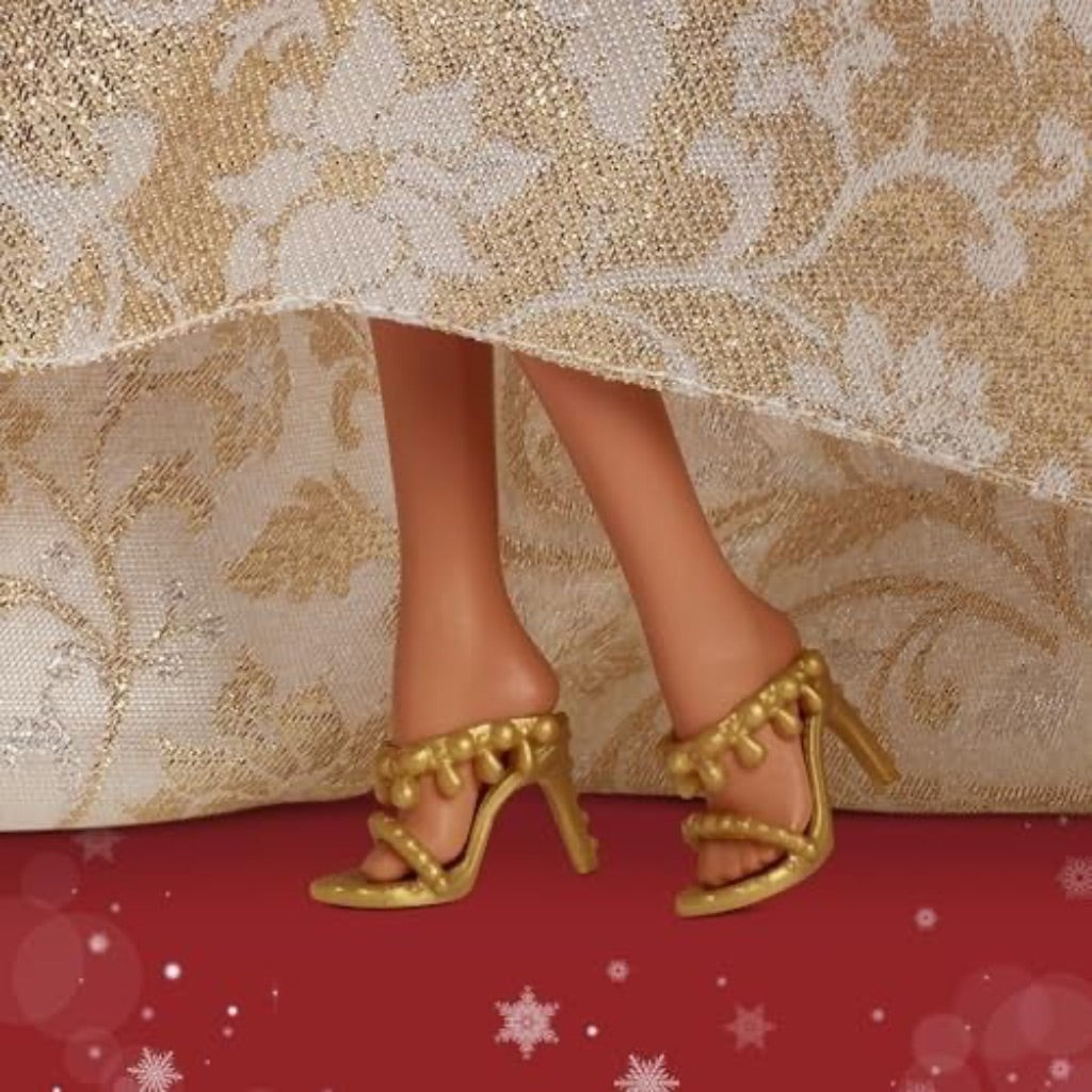Barbie Signature 2025 Holiday Dark Brown Hair Fashion Doll Wearing Silver & Gold Gown, Seasonal Collector in Displayable Packaging & Stand