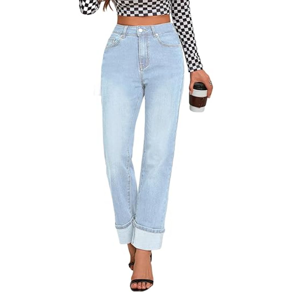 Womens Jeans High Waisted Stretchy Straight Leg Jeans for Women Tummy Control Trendy Cute Ankle Fold Hem Jeans Pants Size 8