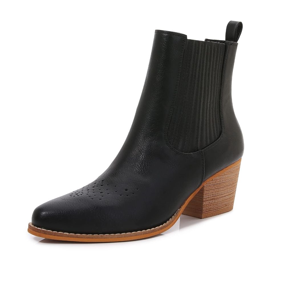 SZ 6 Mm Women's Pointed Toe Mid Heels Chelsea Ankle Boots | Black