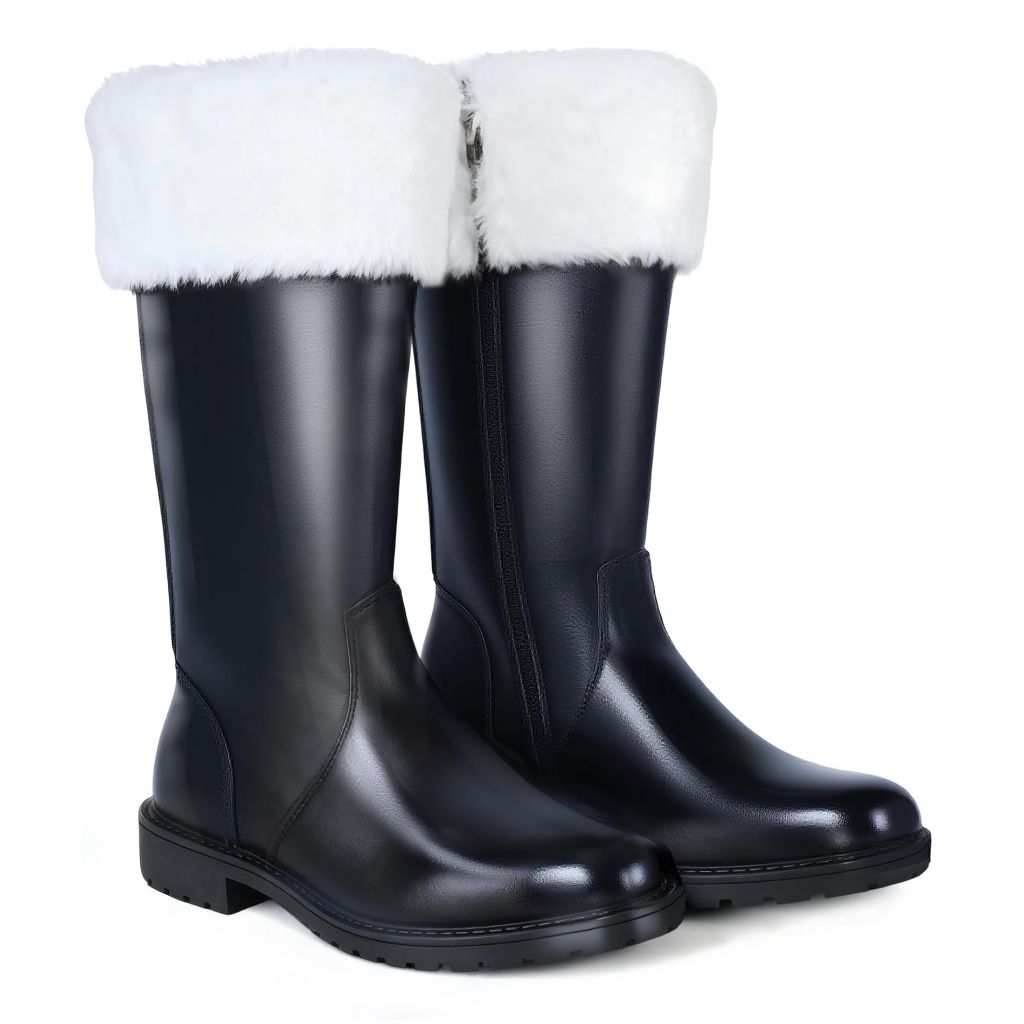 SHEJIZE Men's Black Santa Claus Boots-Premium Faux Leather Wide Calf Santa Combat Shoes Adult Men with Non-Slip Sole, Christmas Footwear for Halloween Parties & Cosplay