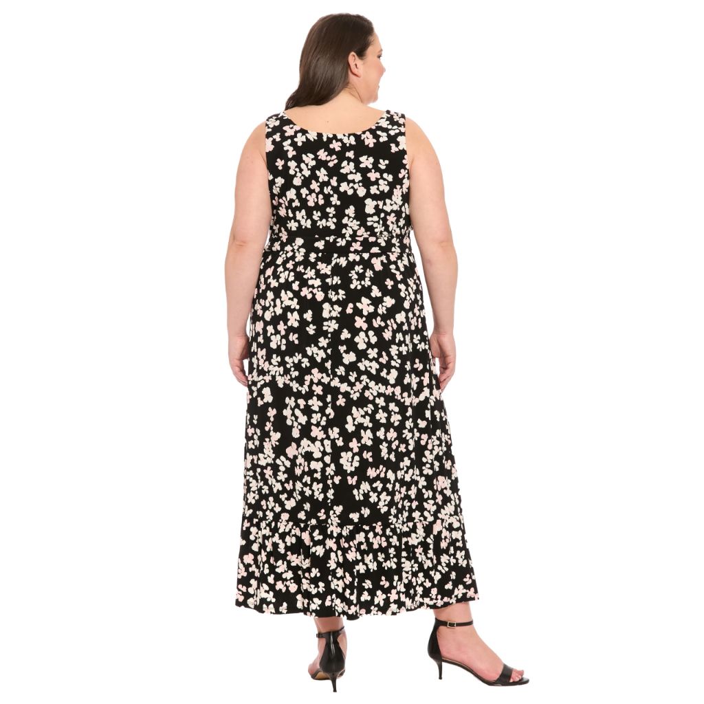 London Times Women's Dresses Women's Sleeveless Scoop Neck Tiered Maxi - Floral Print Empire Waist A-Line Summer Dress, Black/Cream, Small