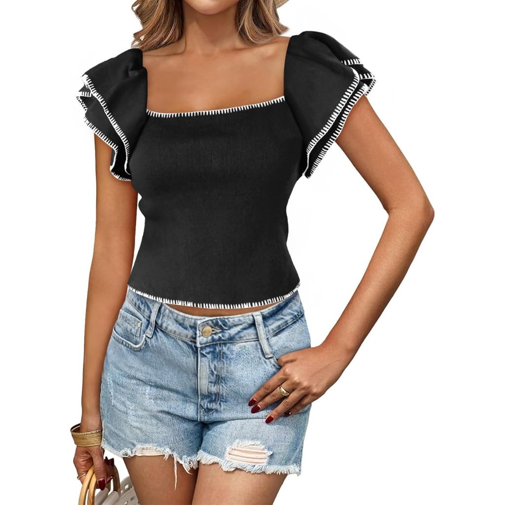 Saodimallsu Women's Square Neck Ruffle Short Sleeve Cropped Sweater