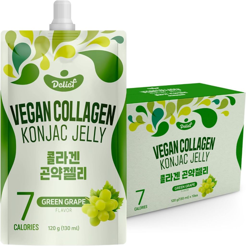 Vegan Collagen Konjac Jelly (Green Grape Flavor) 120g x 10 Packs – Low-Calorie Fruit Gel Snack, Gluten-Free, Plant-Based, 7 kcal per Pouch