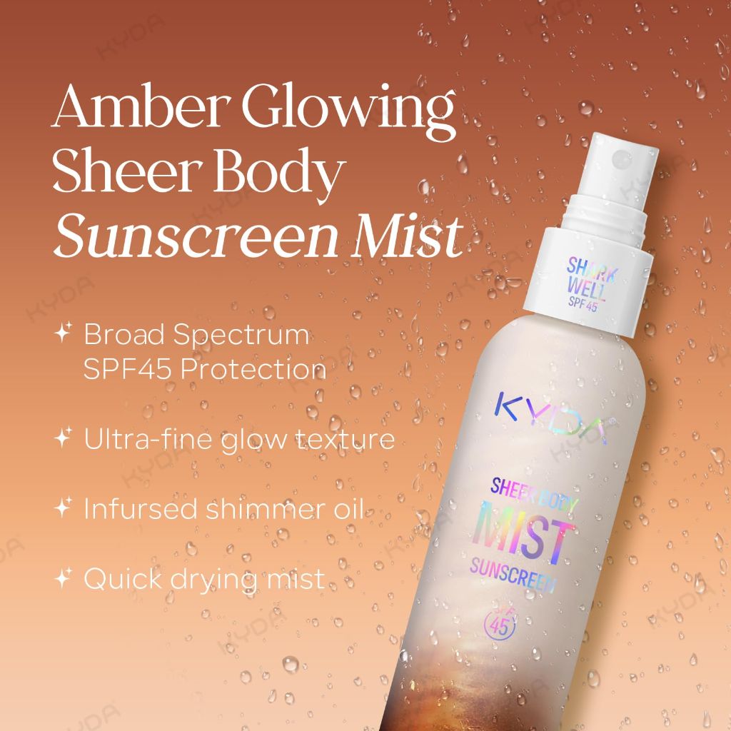 KYDA Sheer Body Sunscreen Mist, SPF 45, Radiant Glow Sunscreen Spray | 4.06 fl oz, AMBER