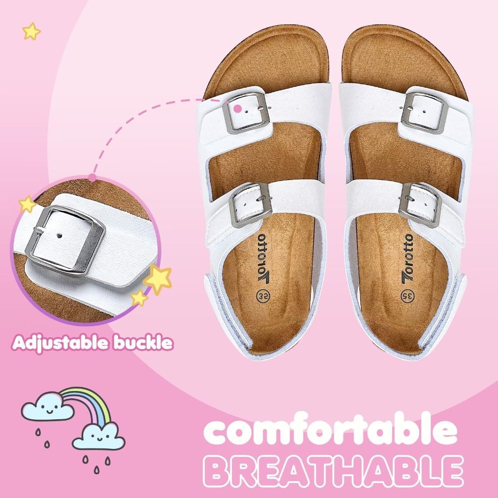 Torotto Toddler Kids Sandals - Size 5, White, Adjustable Buckle Cork Footbed Sandals