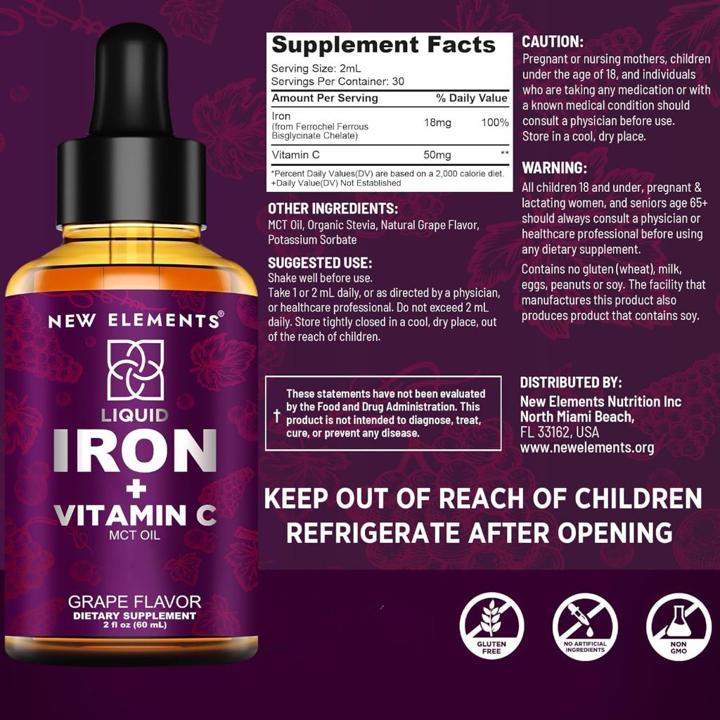 New Elements Liquid Iron (18mg) Supplement with Vitamin C (50mg) - Grape, 2 fl. oz. (Twin Pack)