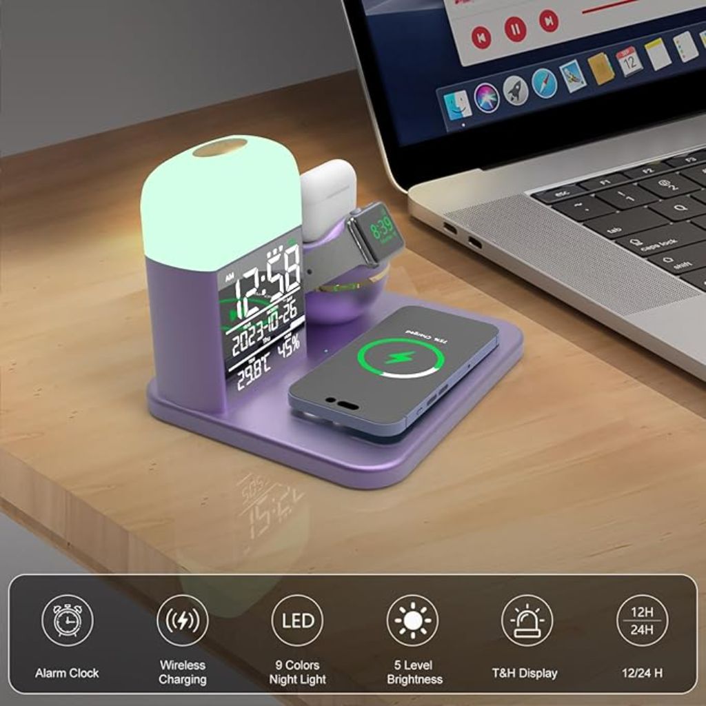 SHUNION Wireless Charging Station with Alarm Clock and Night Light,iPhone and Watch Charging Station,3 in 1 Wireless Charger for iPhone 16 15 14 13 12 11 X Pro Max & Apple Watch 30W GaN Charger - Blue