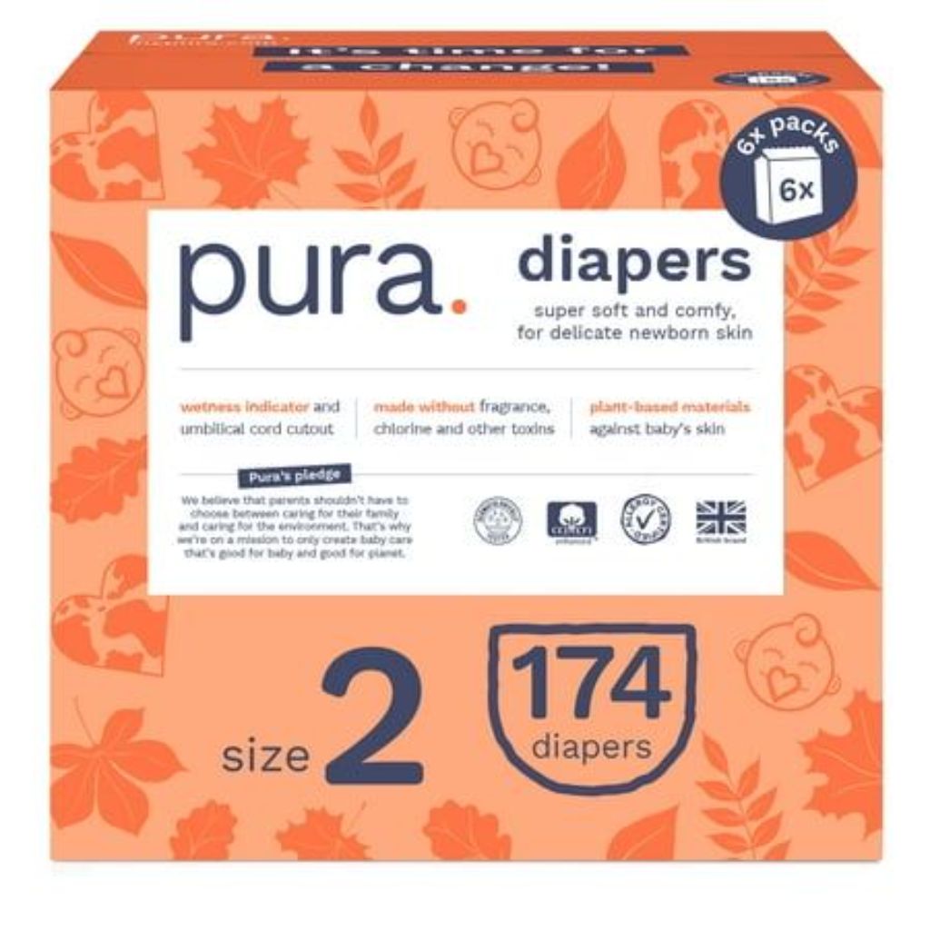 Pura Sensitive Soft Sustainable Baby Diapers - Size 2 (7-13lbs), 174 Count