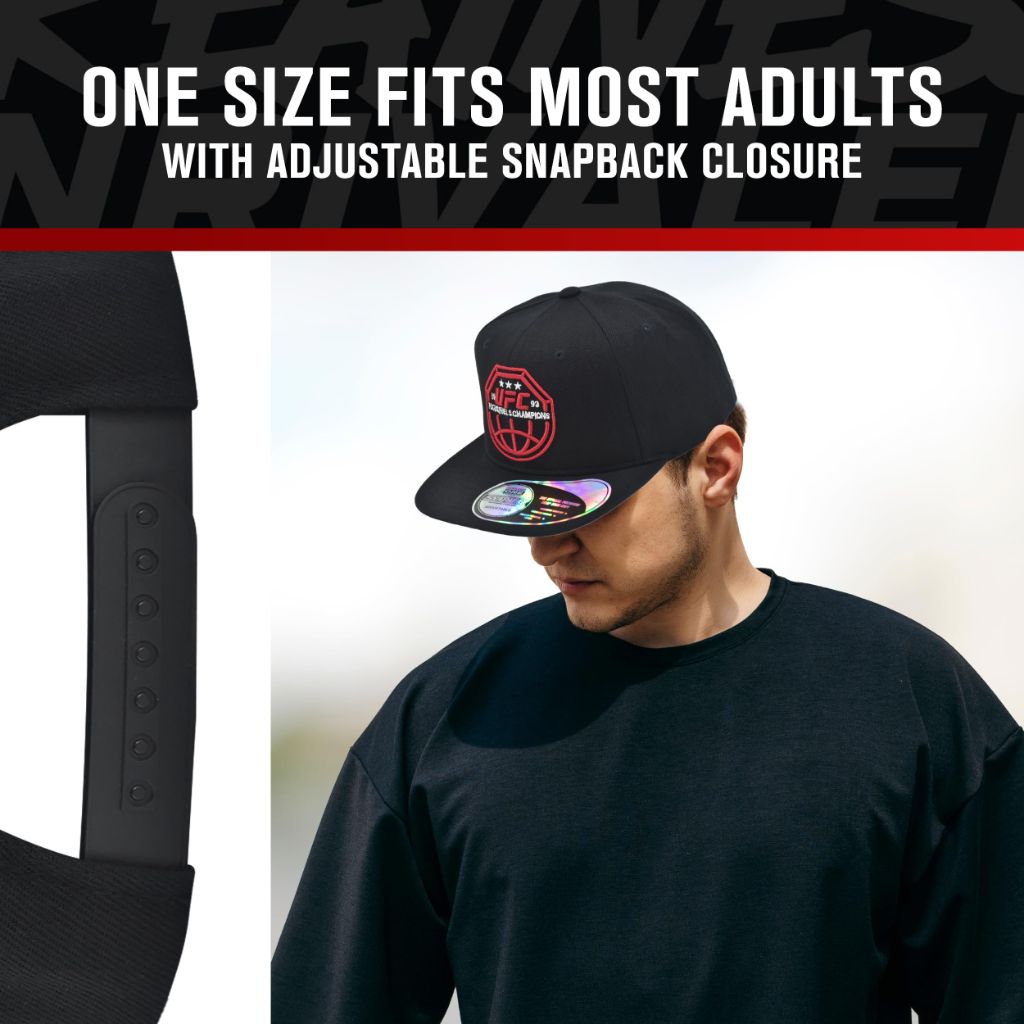 UFC Baseball Cap, 6 Panel Adult Adjustable Snapback Hat with Flat Brim, Focus Fuels Champions Logo, Black, One Size