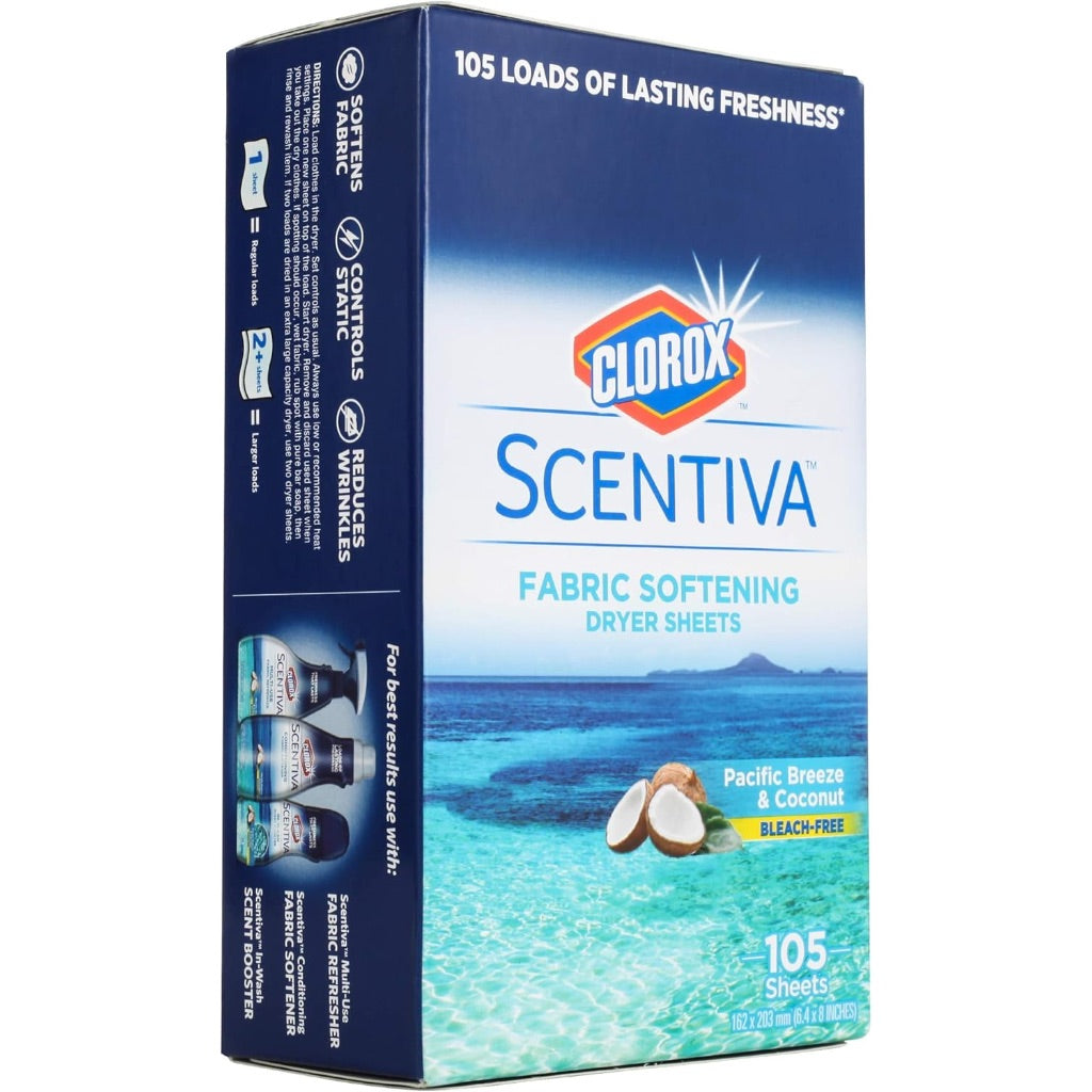 Clorox Scentiva Fabric Softener Dryer Sheets, Pacific Breeze & Coconut Scent - Wrinkle Reducing Scented Softening Laundry Dryer Sheets for Great Smelling Clothes, 105 Count
